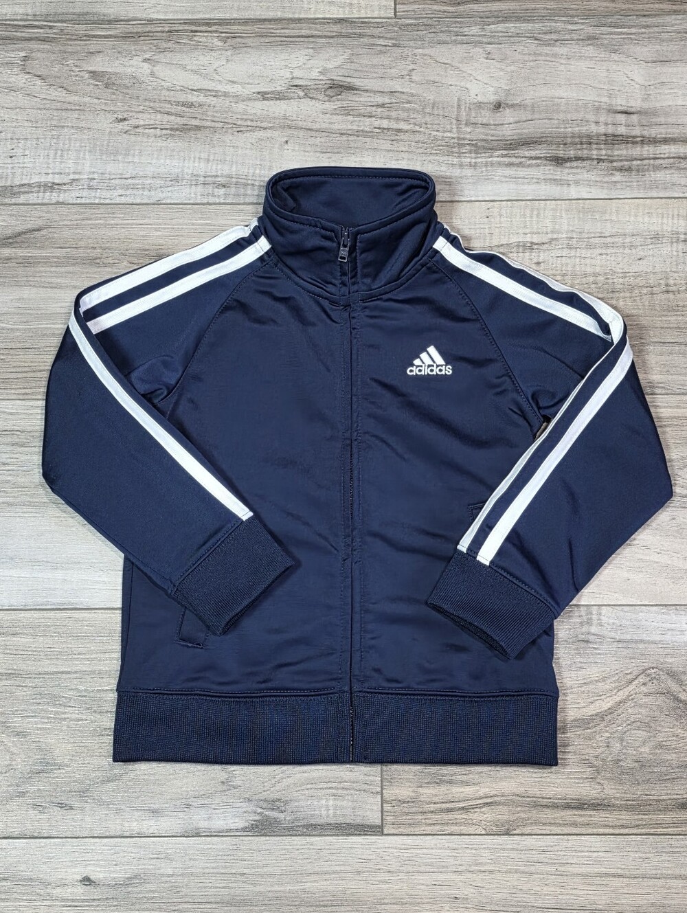 Adidas Toddler Navy Track Full Zip Tricot Jacket with White Stripes, Logo • 3T